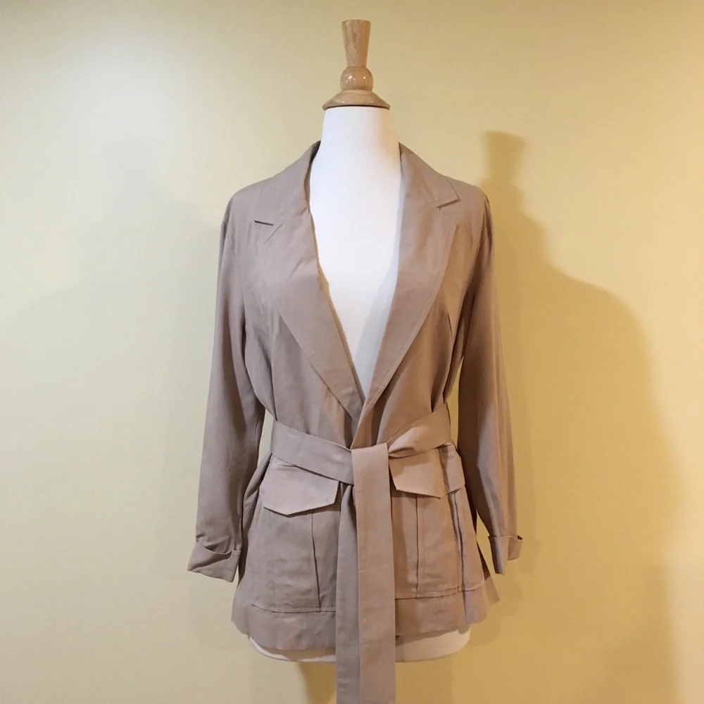 Khaki Safari Tie Waist Linen Jacket w Pockets - Picture 3 of 6